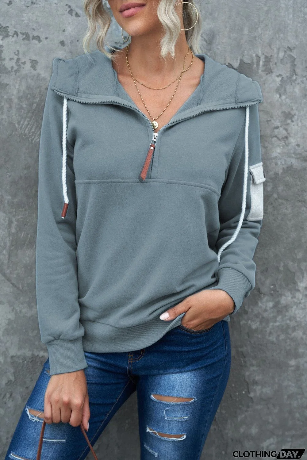 Half Zip Colorblock Pocket Patchwork Long Sleeve Hoodie