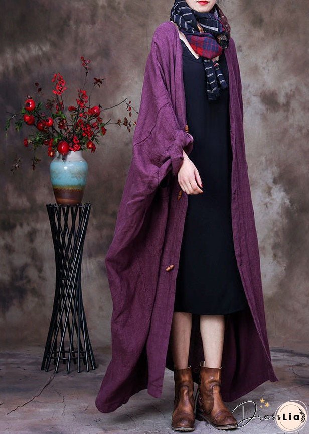 Plus Size Purple V Neck Floral Linen Coat Outwear Long Sleeve