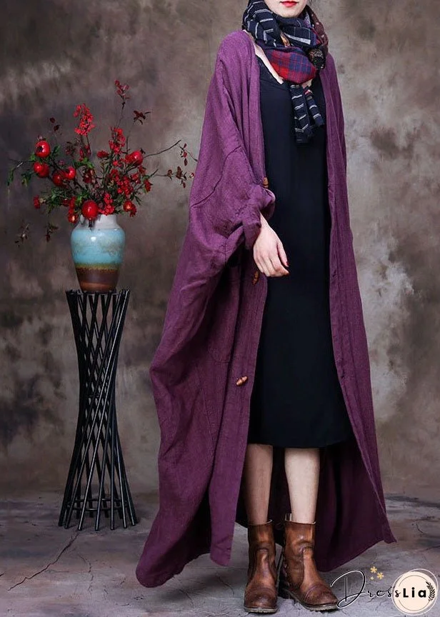Plus Size Purple V Neck Floral Linen Coat Outwear Long Sleeve