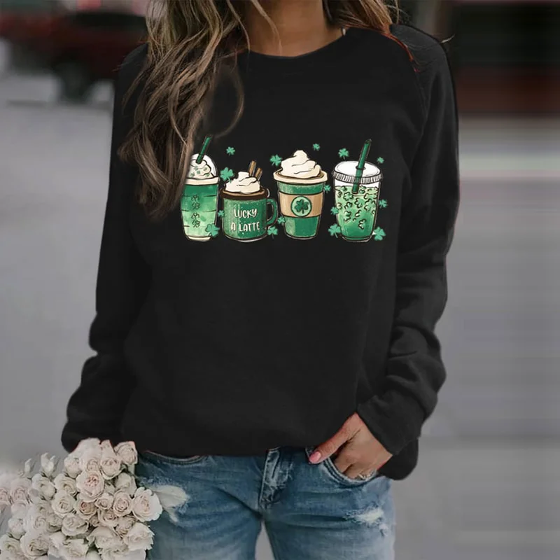 St. Patrick's Coffee Shamrock Print Sweatshirt