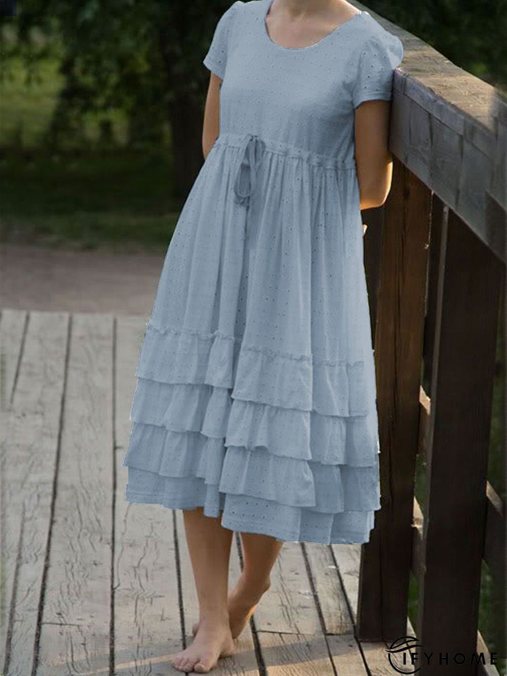 Beige Casual Crew Neck Cotton Weaving Dress | IFYHOME