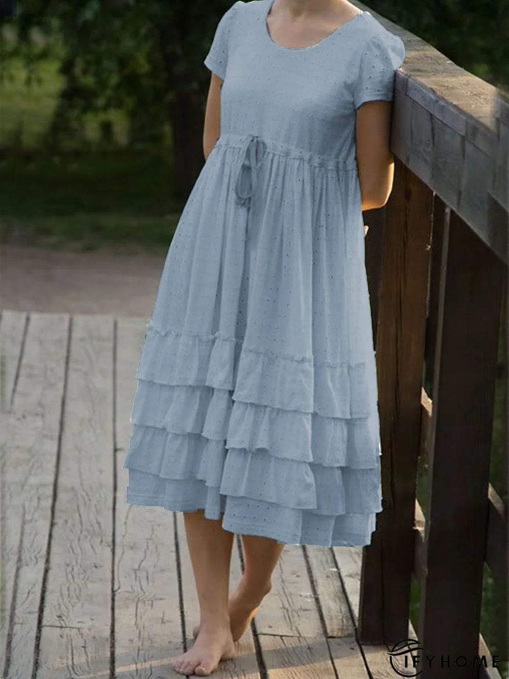 Beige Casual Crew Neck Cotton Weaving Dress | IFYHOME