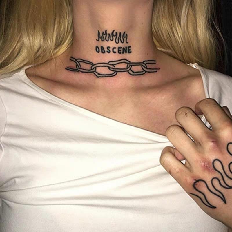 Flame Chain Temporary Tattoo Sticker Waterproof Dark English Selfhood Fake Tattoo Neck Hand Back Men and Women Tattoo Stickers