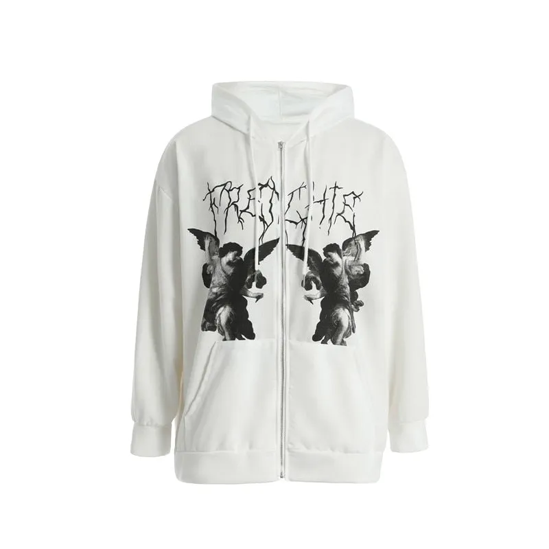 Xingqing Women Full Zip Hoodies Fashion Portrait Print Long Sleeve Loose Sweatshirt Tops Y2K Aesthetic Ladies Clothes Streetwear