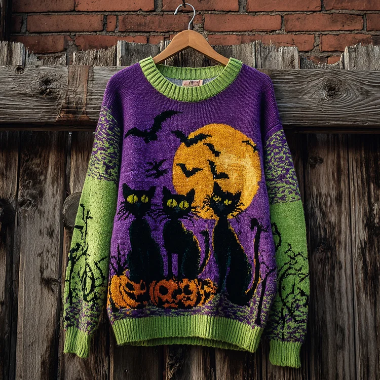 Halloween Black Cat Color Clash Women's Knitted Sweater
