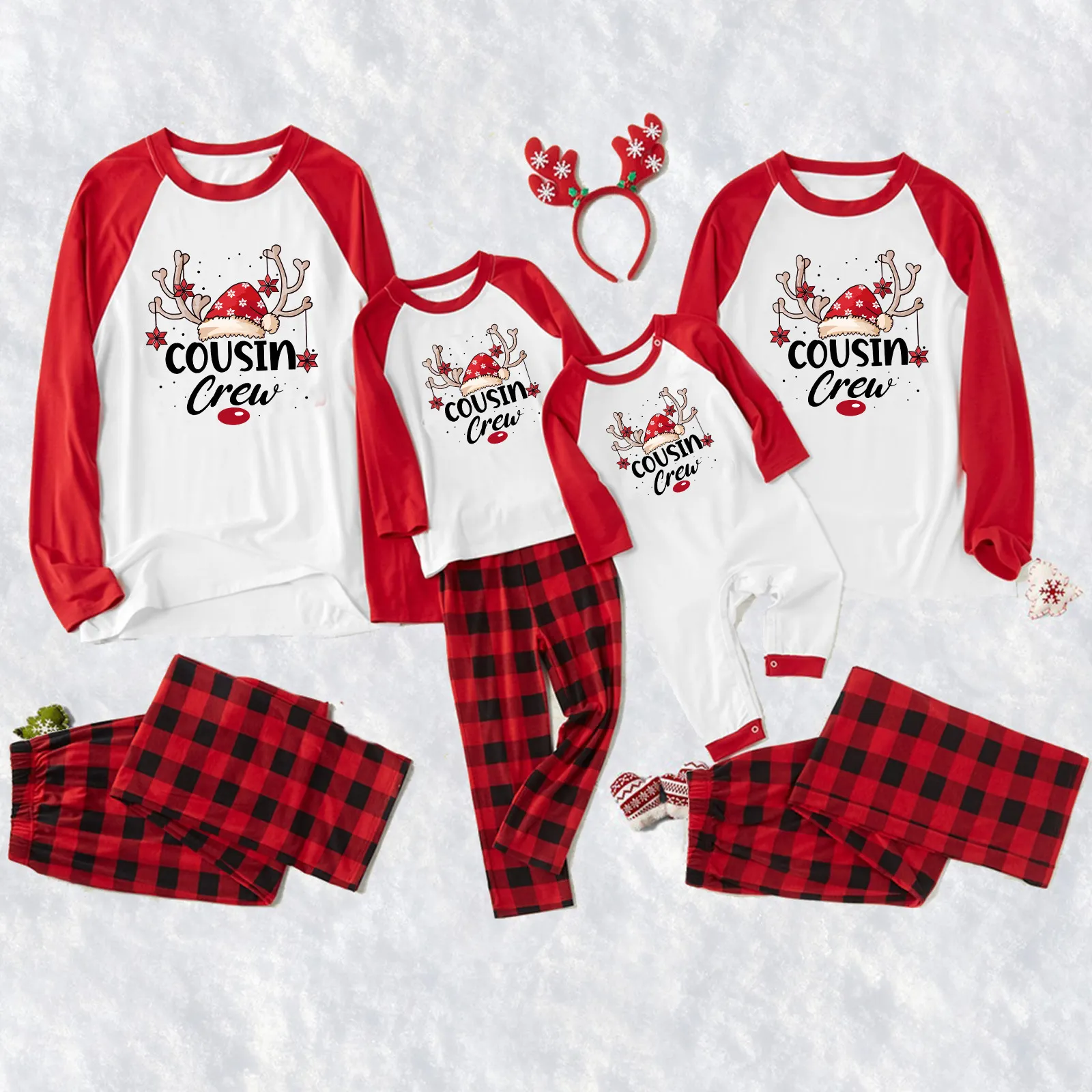 Cousin Crew Christmas Reindeer Print Family Matching Pajamas Sets(Red)