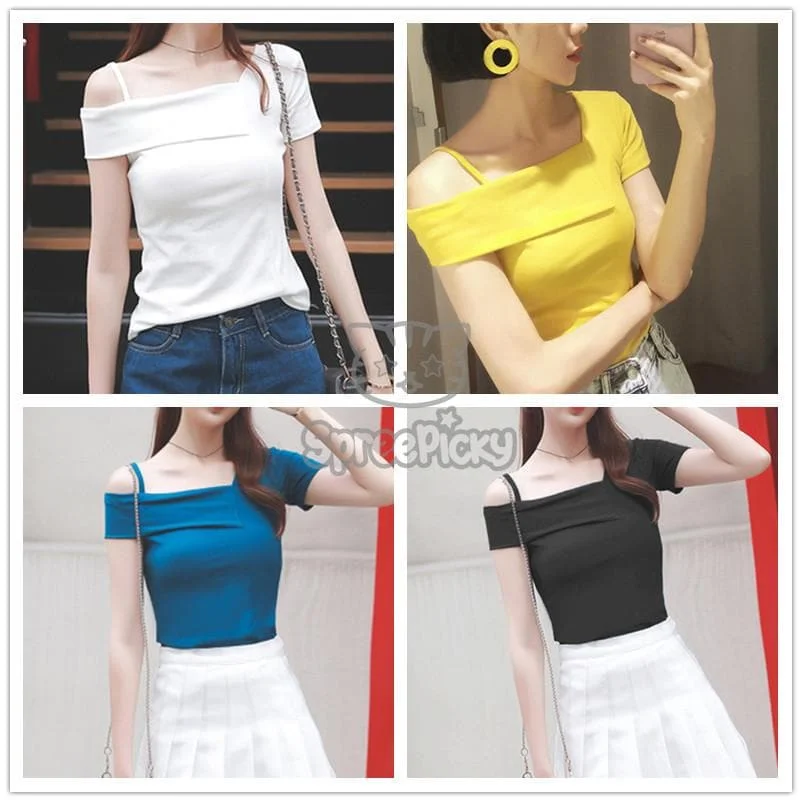 White/Yellow/Black/Blue Off-Shoulder Strap T-Shirt SP179455