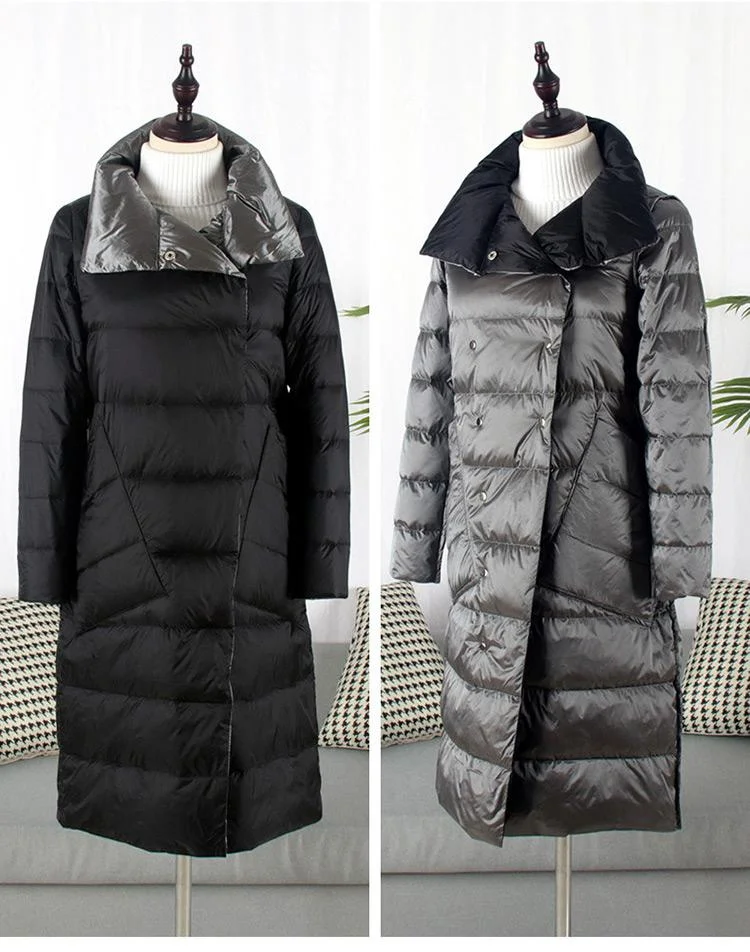 FTLZZ Duck Down Jacket Women Winter Long Double Sided Plaid Coat Female Plus Size Warm Down Parka Slim Outwear