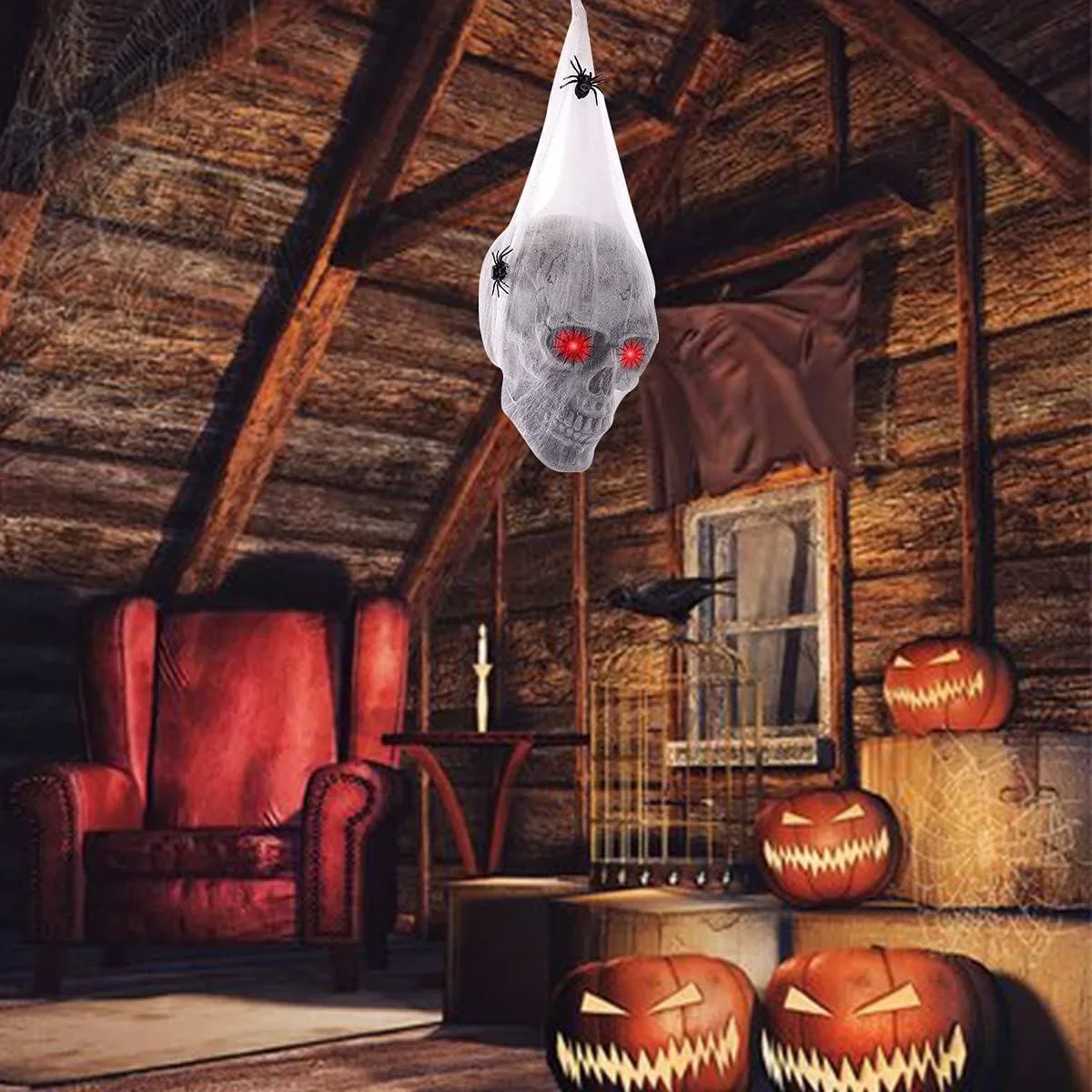 Tegooe Halloween Hanging Skull Prop with Light-Up Eyes Spiders - 16x50cm Plastic