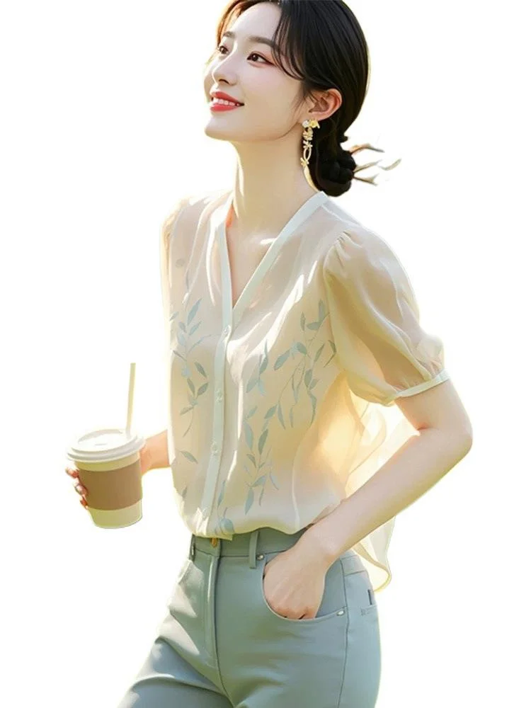 Athvotar Athvotar Small Fresh Short Sleeve Chiffon Shirt Women's Summer 2025 New Temperament Elegant Printed Shirt V Collar Top