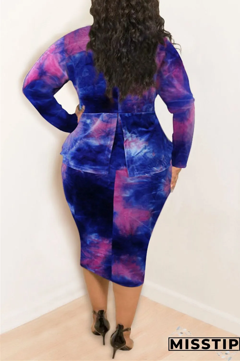 Orange Fashion Casual Plus Size Print Tie Dye Tie-dye Turtleneck Printed Dress
