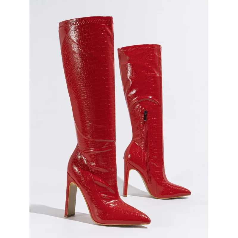 Yyvonne New Coarse Heel Medium Cylinder Elastic Inner Zipper Diamond Irregular Fashion Stone-Print Pointed Female Boots