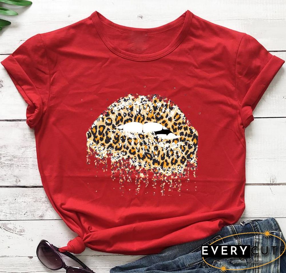 Funny Leopard Lips Dripping T-shirt TrendyPersonalityShirtsWomenFashionCasualPureCottonVintageShirt 90sAesthetic Tee