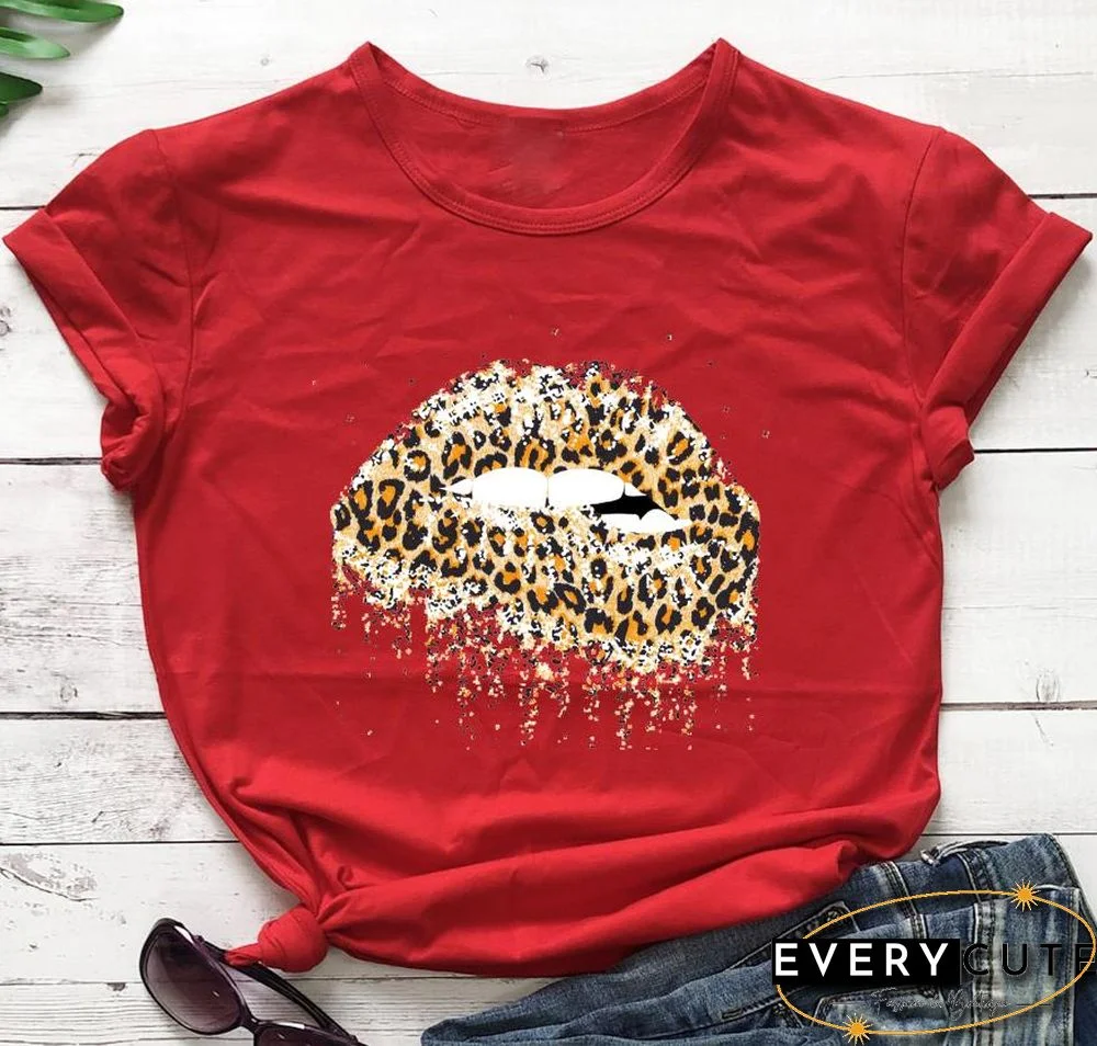 Funny Leopard Lips Dripping T-shirt TrendyPersonalityShirtsWomenFashionCasualPureCottonVintageShirt 90sAesthetic Tee