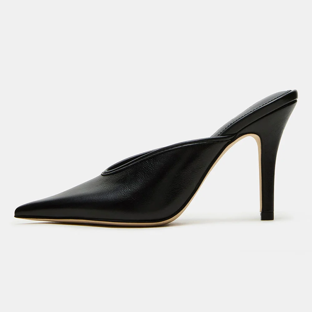 Classic Black Vegan Leather Pointed Toe Stiletto Heeled Mules