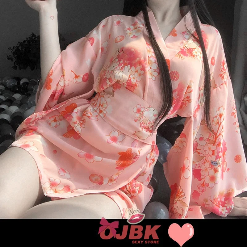 Japanese Kimono Sexy Cosplay Outfit for Women Traditional Style Robe Yukata Costumes Pajamas Soft Silk Belt 2pcs Set Pink Set
