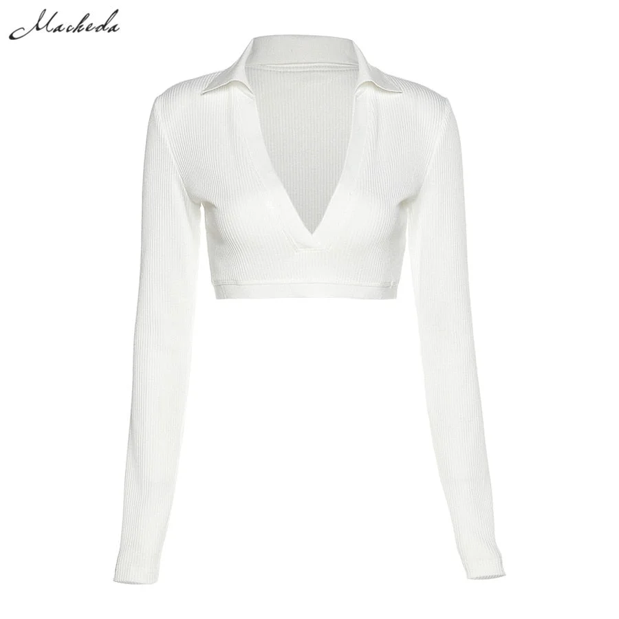 Macheda Autumn Solid Slim T Shirt Women Knitting Fashion Long Sleeve V Neck Clothing Lady Street Ultrashort Top 2020 New
