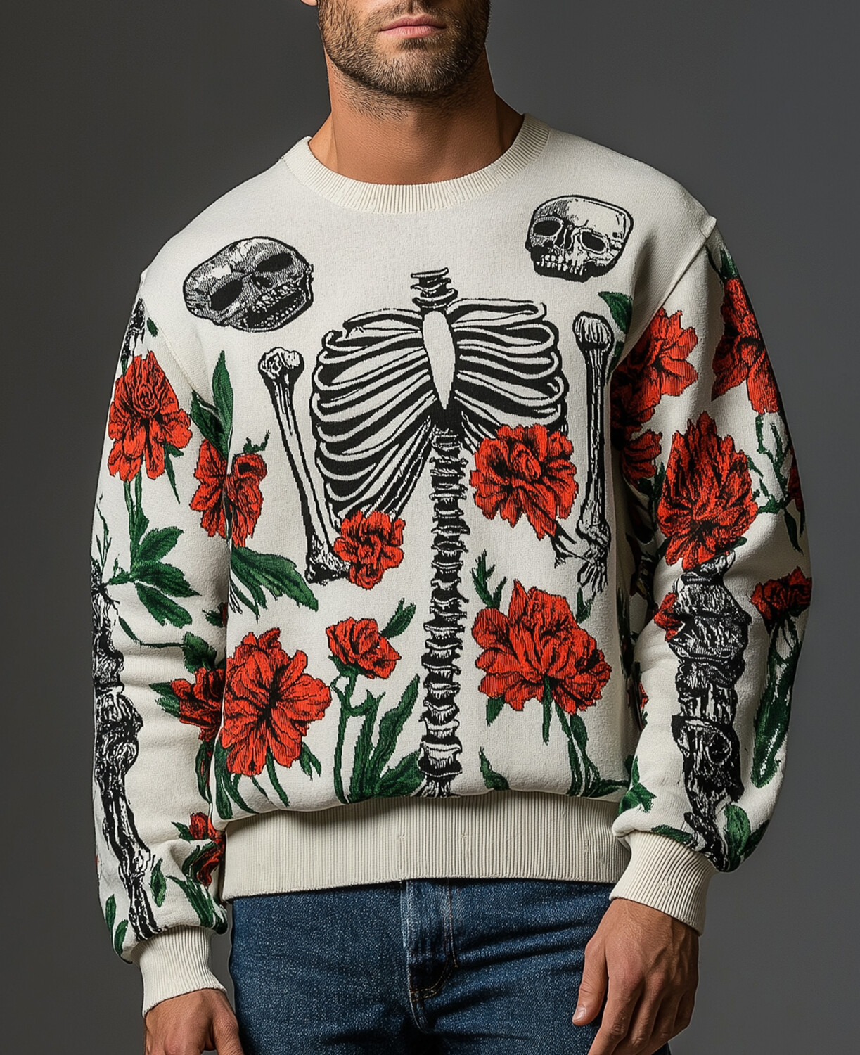 Okaywear Halloween Long Sleeve Skeleton Floral Print Knit Sweater