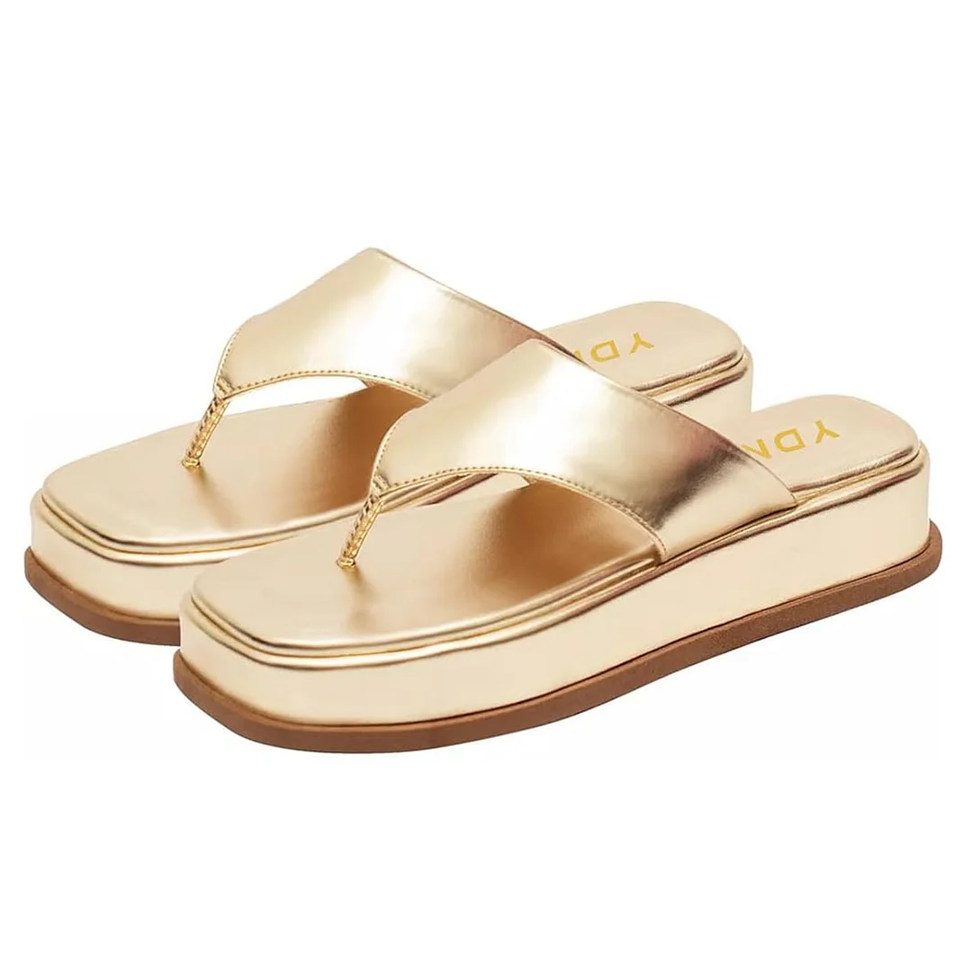 YDN Gold Vegan Leather Flip Flops Open Toe Platform Sandals