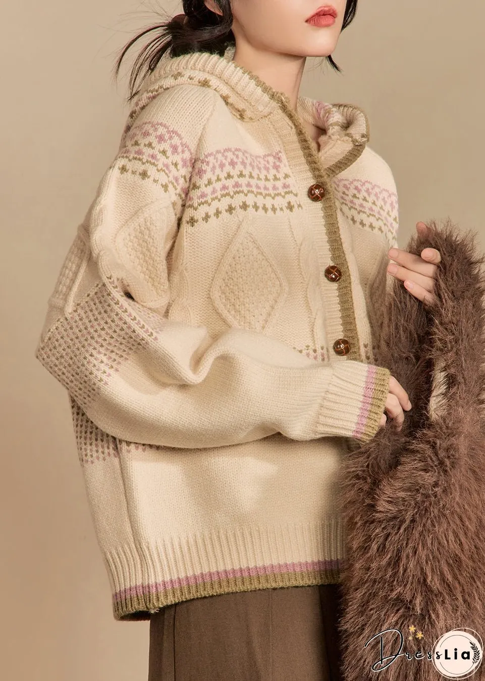 Loose Apricot Hooded Button Knit Coats Winter