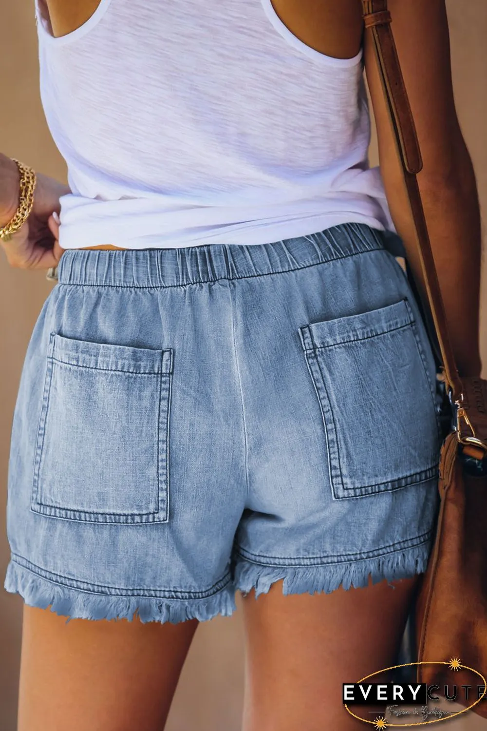 Sky Blue Casual Pocketed Frayed Denim Shorts