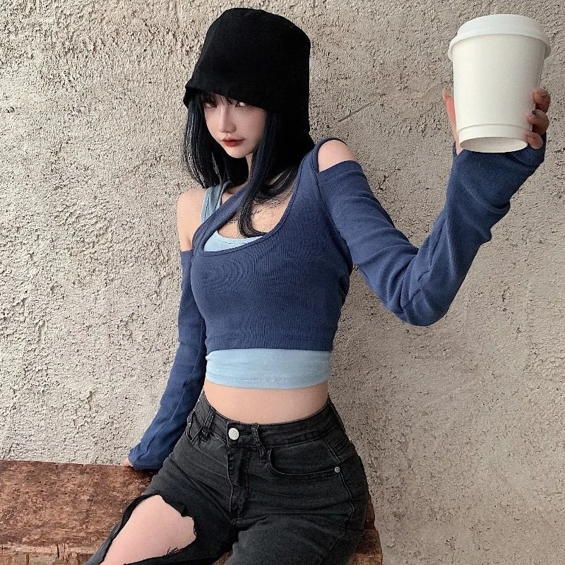 T-shirts Women Patchwork Skinny Sexy Design Long Sleeve Off Shoulder Spring Party Fashion Streetwear Hot Sale Ladies Crop Top