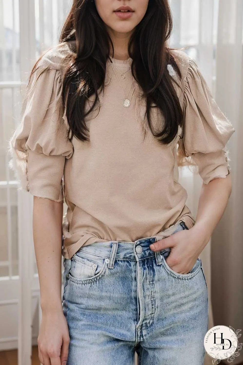 solid color button loose casual round neck t shirt