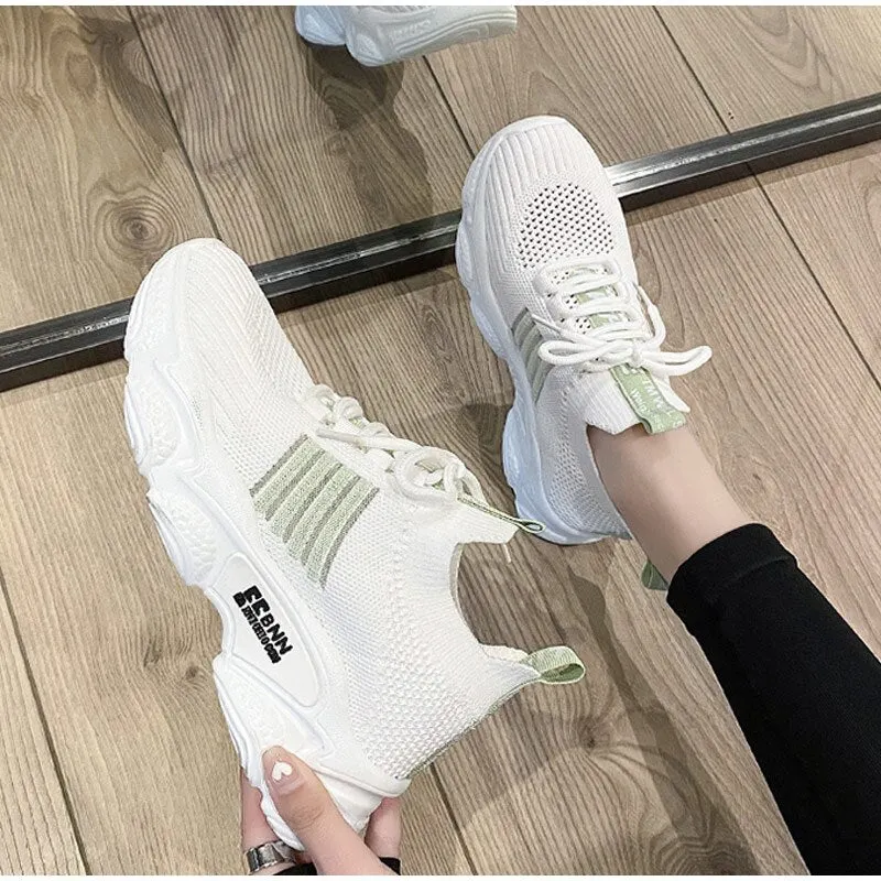 Breathable Light Sneakers For Women Casual Knitted Shoes Thick Bottom Ladies Running Shoes Fashion Lace Up Female Vulcanized New