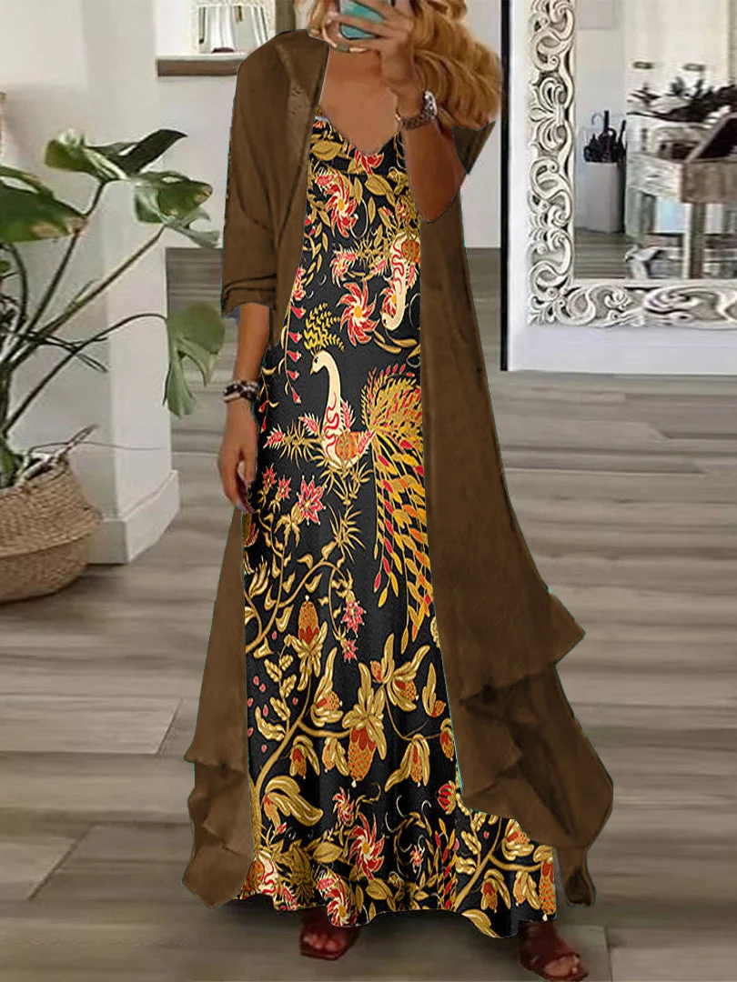 Women's Long Sleeve V-neck Floral Printed Two Pieces Maxi Dress