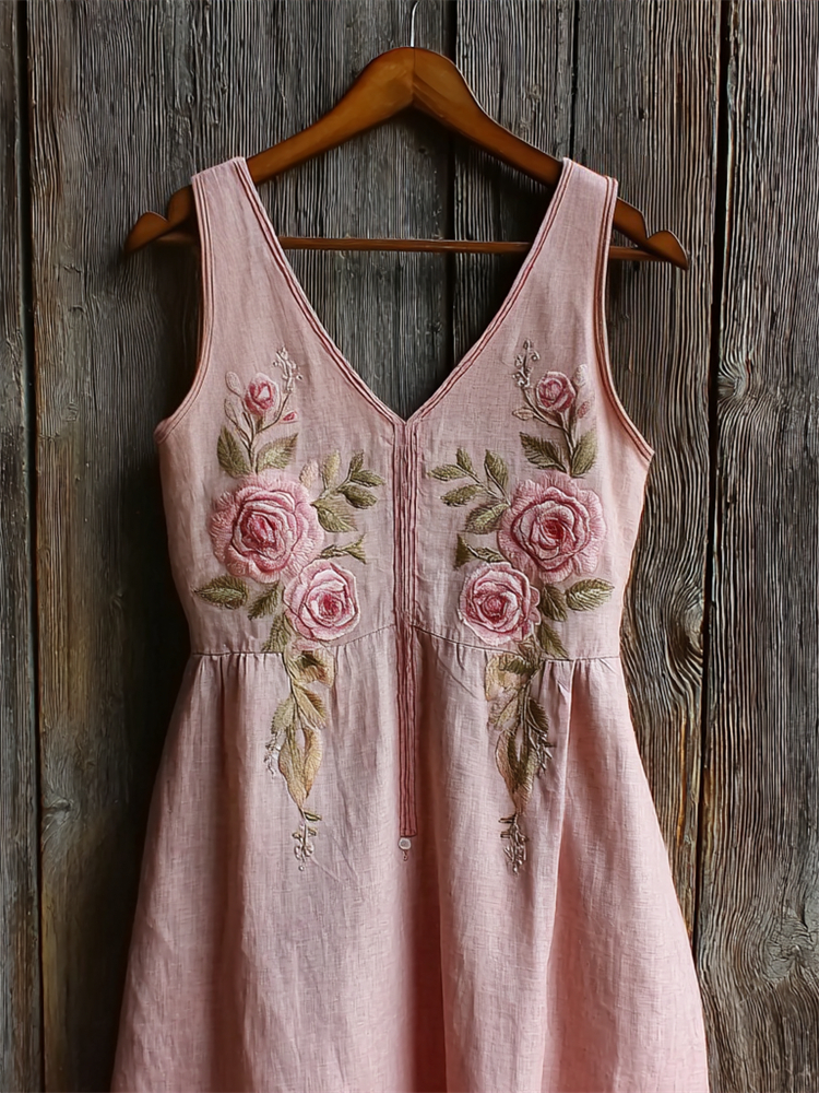 Vintage Boho Pink Roses Art Linen Tank Dress elevenforest
