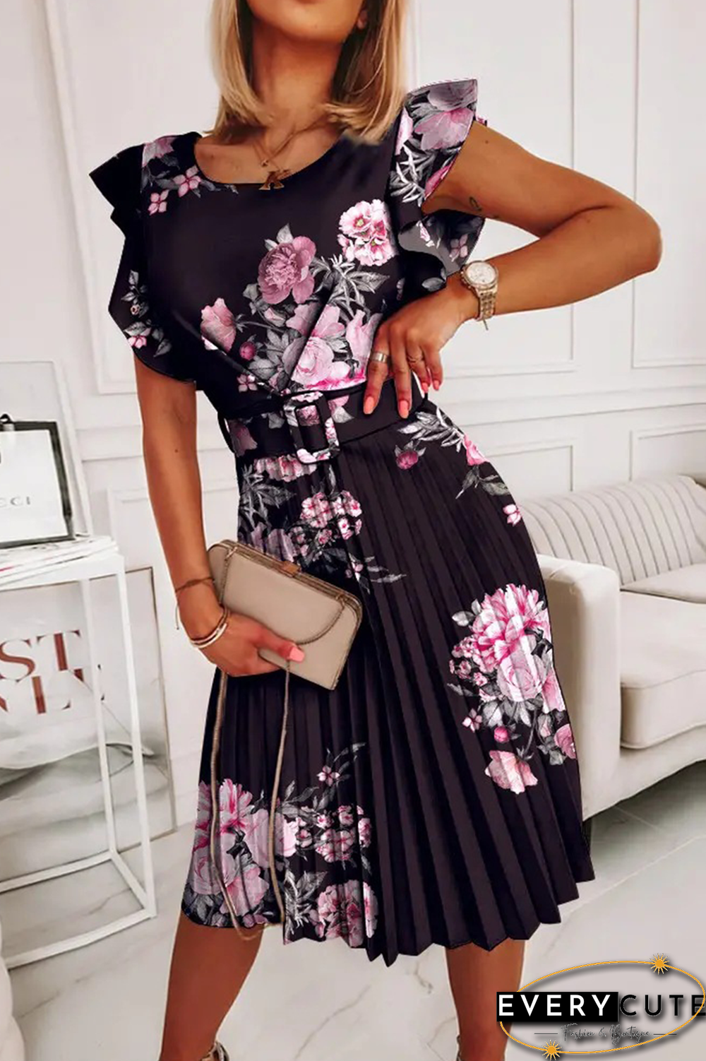 Fashion Print Flounce O Neck Cake Skirt Dresses(3 Colors)