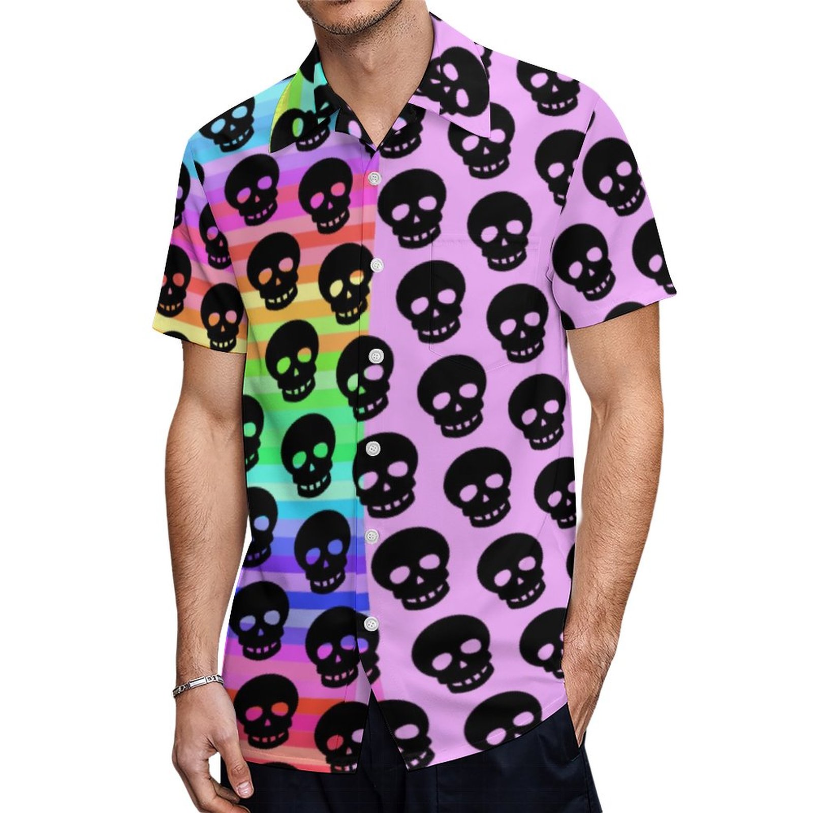Glitchcore Rainbow Goth Black Skulls Pattern Hawaiian Shirt Mens Button Down Tropical Hawaii Beach Shirts