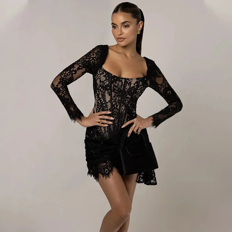 Toloer Black Long Sleeve Lace Bodycon Drape Mini Dress-Outfit Ideas