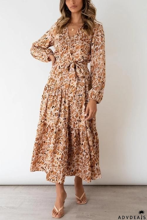 Print Belted Long Sleeve Maxi Dress