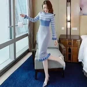 Knit Love Print Sweater Dress Autumn Winter For Women Lady Vintage Slim Dress Female Half Turtleneck Patchwork Bodycon Dress