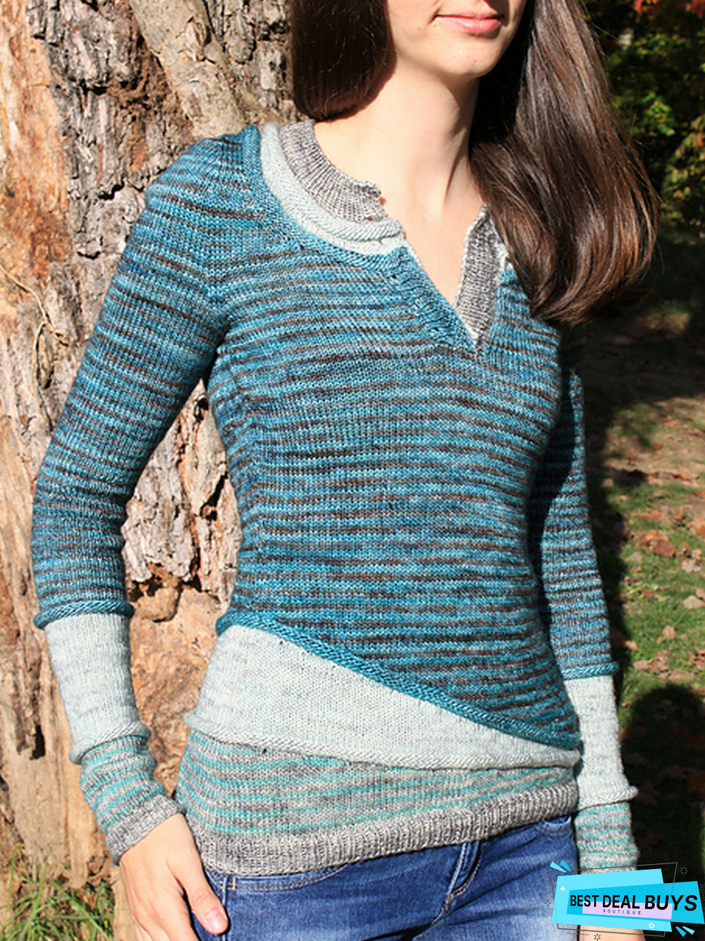 Blue Casual Plain Paneled Sweater