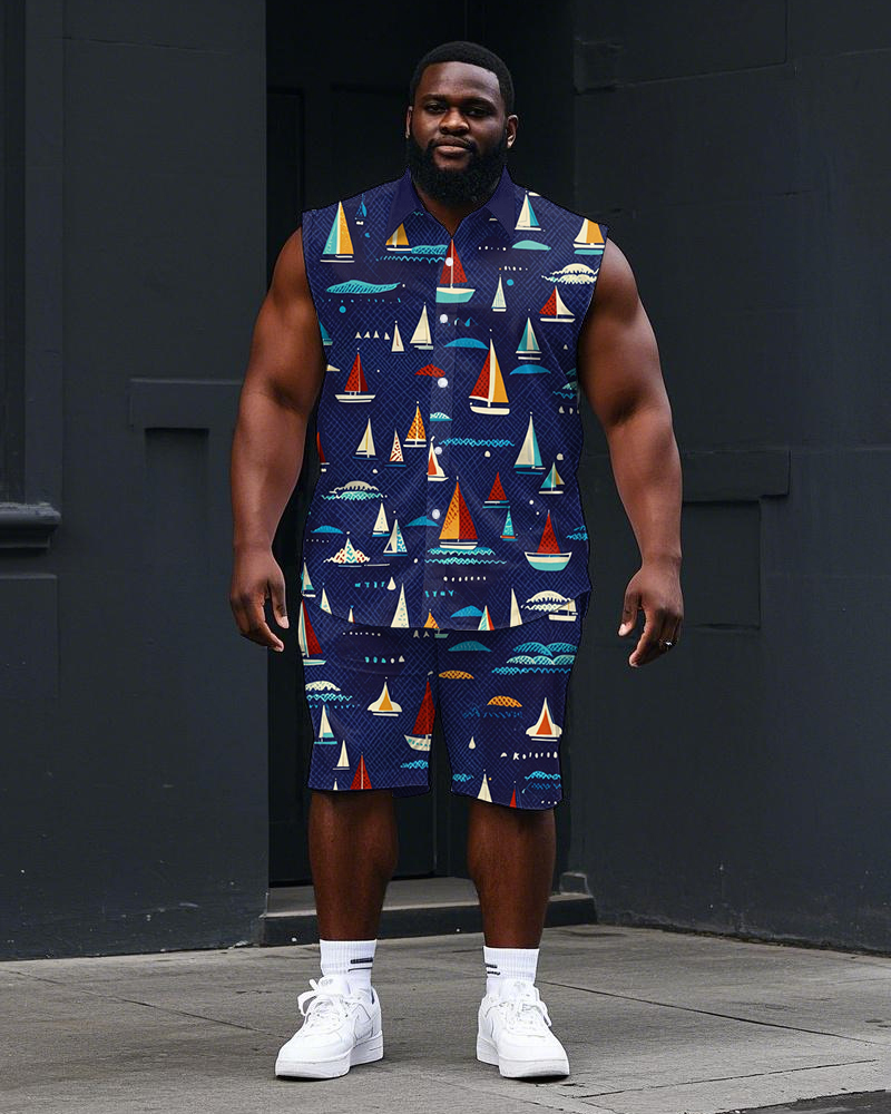 Big Men's Casual Hawaiian Cartoon Sailboat All Over Printed Sleeveless Shirt and Shorts Set