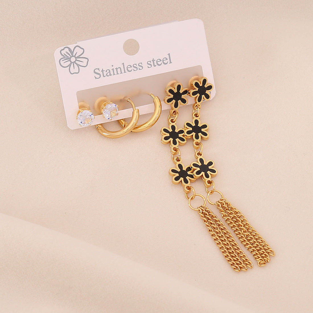 Niche Long Love Titanium Steel Earrings Set Six-Leaf Flower Earrings Stainless Steel E605