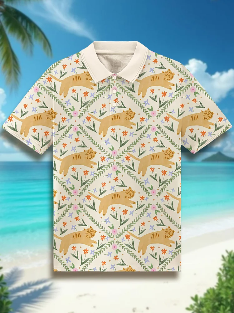 Men's Cat Flowers Vacation Geometric Art Print Short Sleeve Polo Shirt