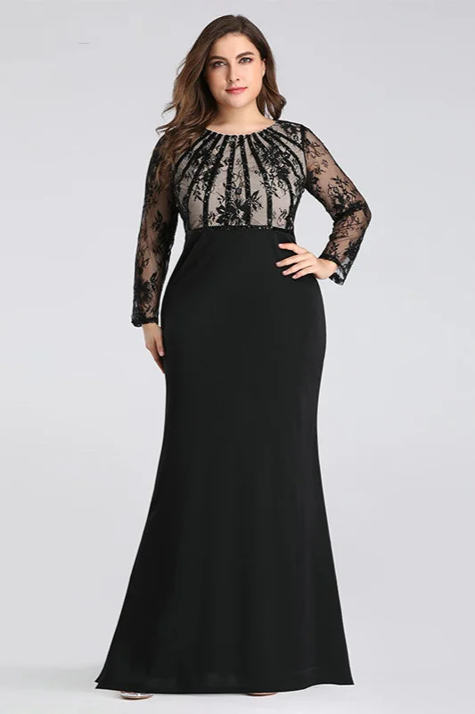 Sexy Black Lace Long Sleeve Evening Gowns Mermaid Plus Size Prom Dress ...