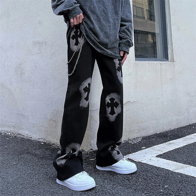 Retro Cross Print Men's Hip Hop Baggy Jeans Baggy Pants at Hiphopee