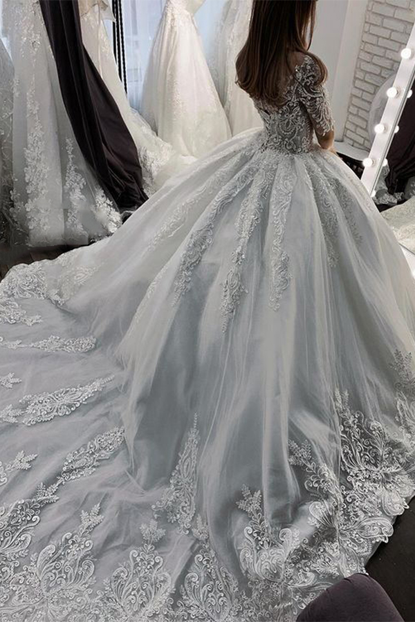Miabel Chic Ball Gown Short Sleeves Sheer Tulle Wedding Dress With Appliques