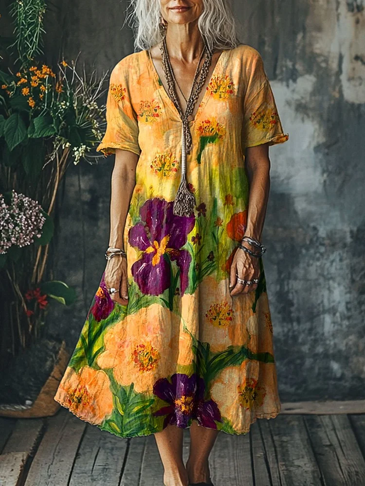 Women's  Flowers Art  Print Pocket Cotton Dress