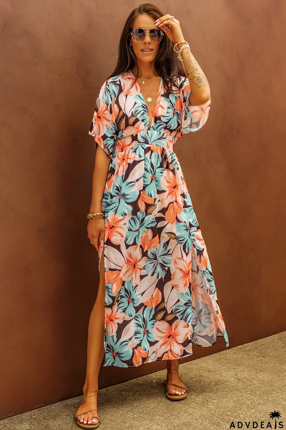 Orange Floral Kimono Long Dress with Slit