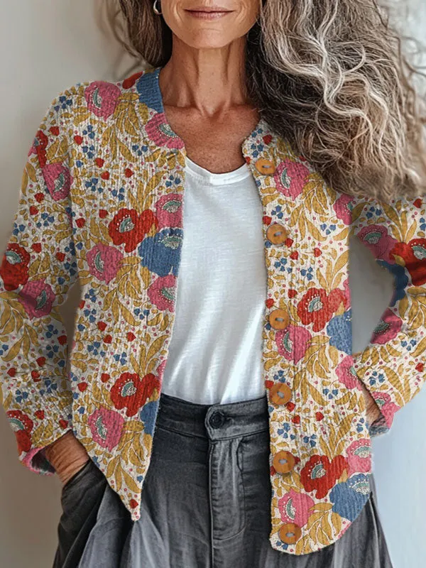 Vintage Flower Art Print Buttoned Cardigan Sweater