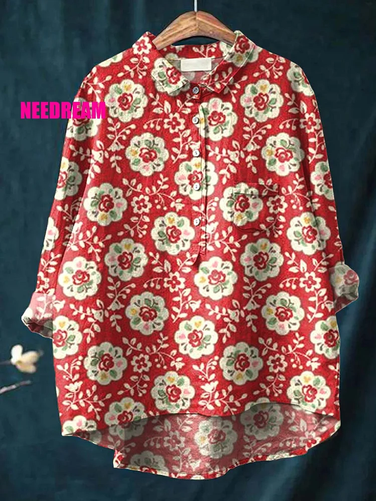 Womens Geometric Flowers Pattern Casual Cotton And Linen Shirt