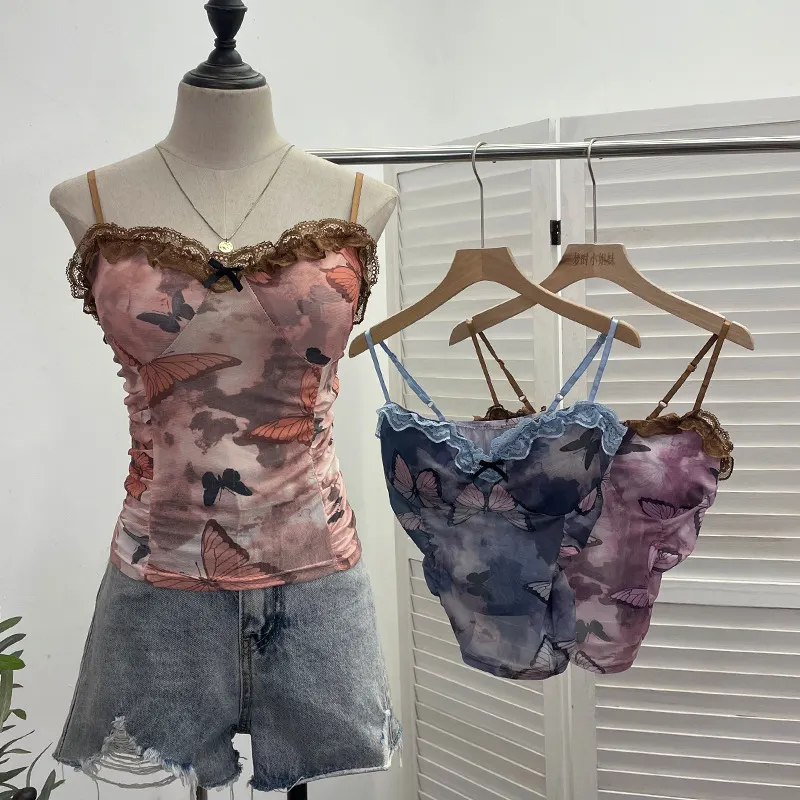 Brownm Real-Shooting Lace Bow Repair Body Tie-Dye-Print Mesh Hottie Pure Desire Sling Vest With Chest Cushion Top 8851