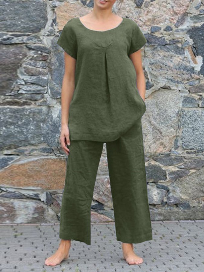 Women's Round Neck Solid Color Loose Casual Suit