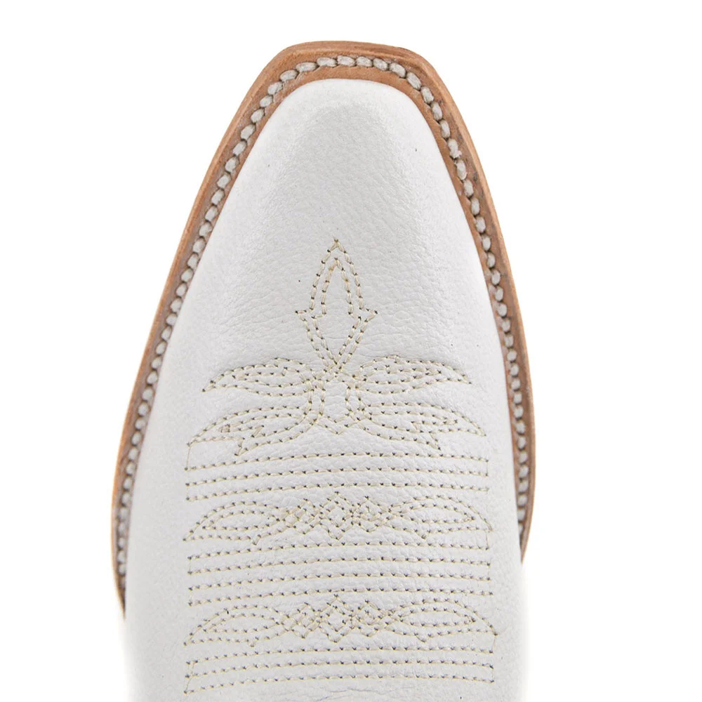 White Snip Toe Chunky Heel Embroidered Studded Mid-Calf Cowgirl Boots