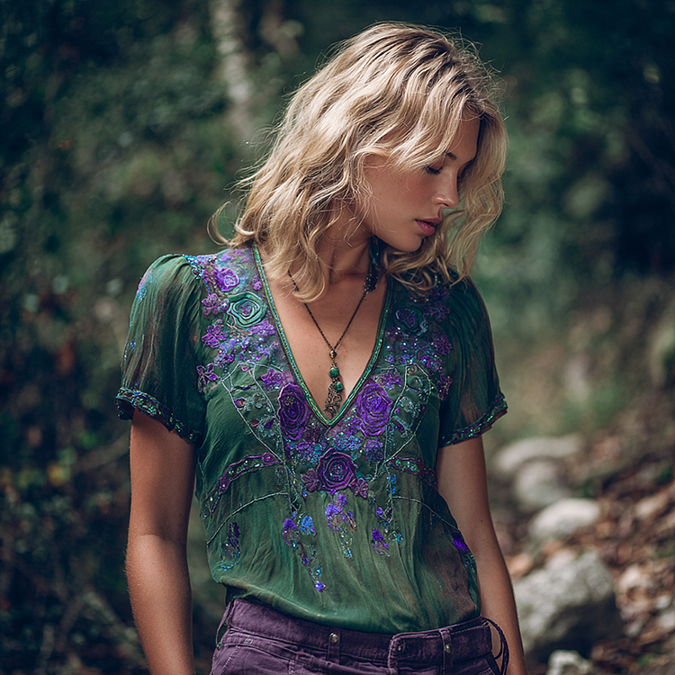 VChics Vintage Purple Rose Embroidery Linen V Neck T-shirt